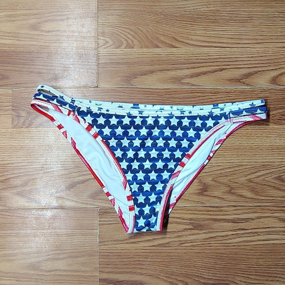 Victorias Secret Strappy Cheeky Bikini Bottom Blue White Stars Red Trim Large